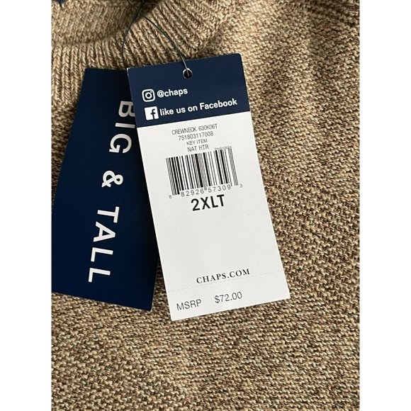 🔧Men’s Knit Sweater Big Tall Size 2X Chaps Crew Neck Long Sleeve Nat Heather - Picture 10 of 11